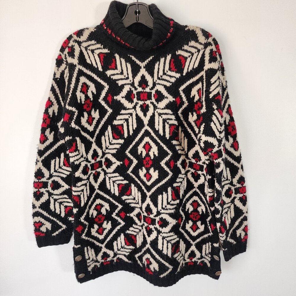 Vintage Jones New York Red Black White Wool Thick Turtleneck Oversized Sweater M